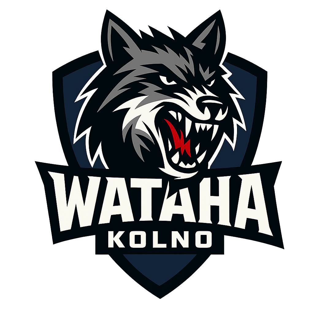 Logo drużyny sportowej "WATAHA KOLNO" w stylu e-sportowym. Centralnym elementem jest stylizowana, groźna głowa wilka o otwartej paszczy i czerwonym języku, umieszczona na ciemnoniebieskiej tarczy. Poniżej znajduje się duży napis "WATAHA", a pod nim mniejszy "KOLNO".